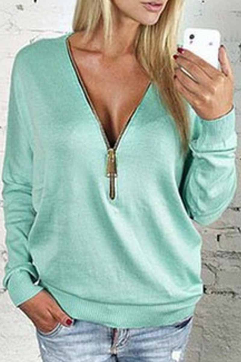 Kaynafashions - Casual Solid Zipper V Neck Tops