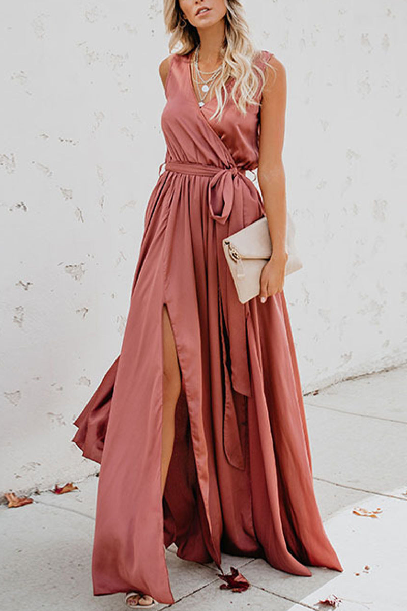 Kaynafashions - Elegant Solid High Opening V Neck Sleeveless Dress Dresses(3 Colors)