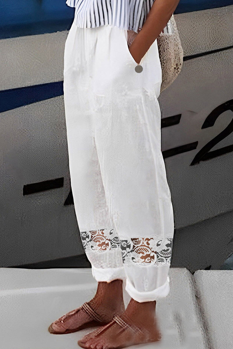 Kaynafashions - Casual Street Solid Lace Patchwork Straight Mid Waist Harlan Patchwork Bottoms