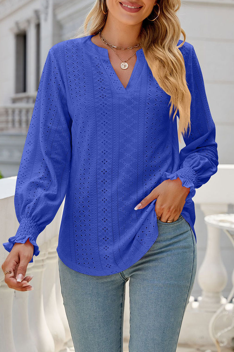 Kaynafashions - Casual Solid Hollowed Out Stringy Selvedge V Neck Tops