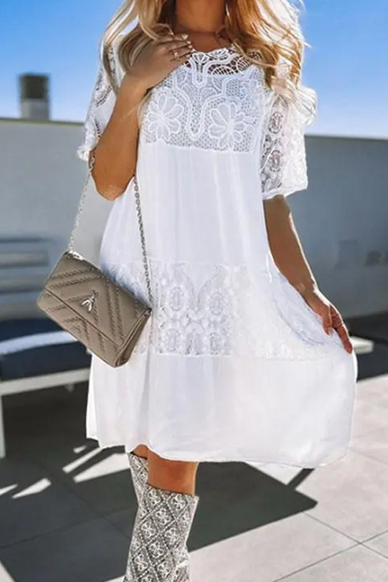 Kaynafashions - Sweet Elegant Solid Lace See-through O Neck A Line Dresses