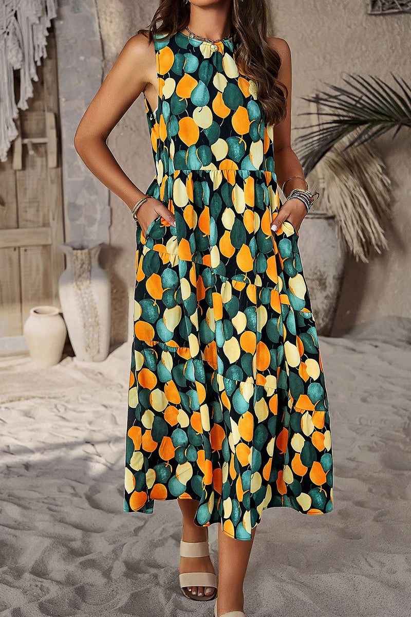 Kaynafashions - Elegant Floral Pocket Contrast O Neck A Line Dresses