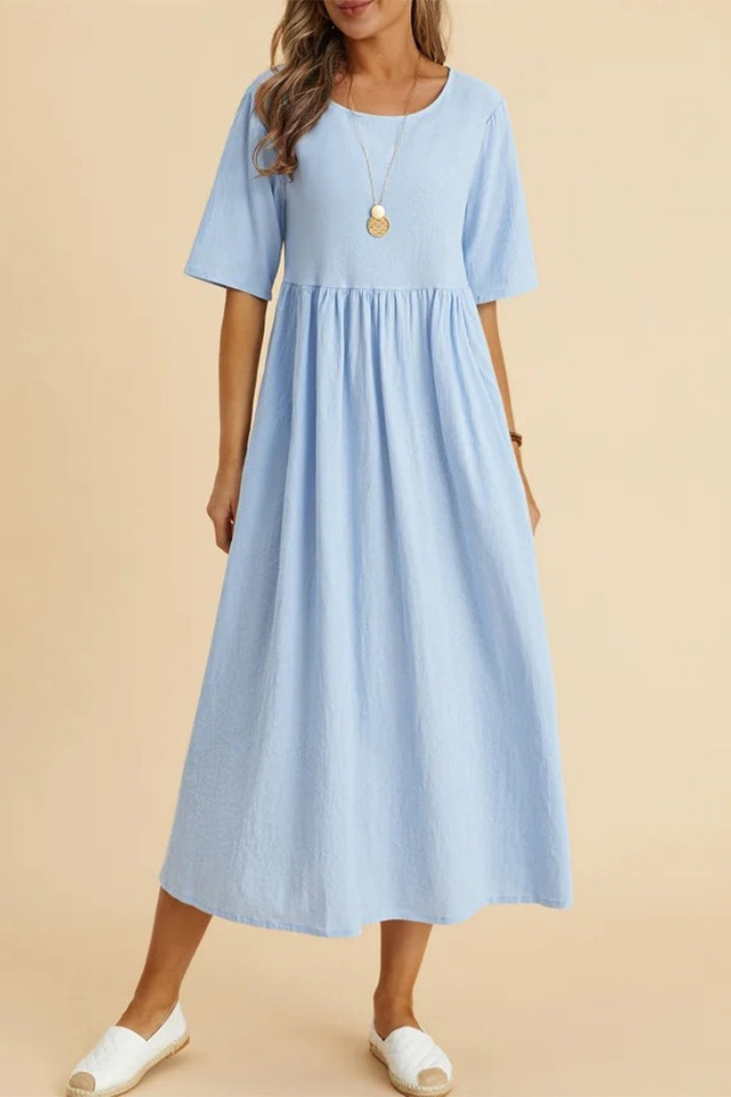 Kaynafashions - Casual Solid Fold O Neck Short Sleeve Dress