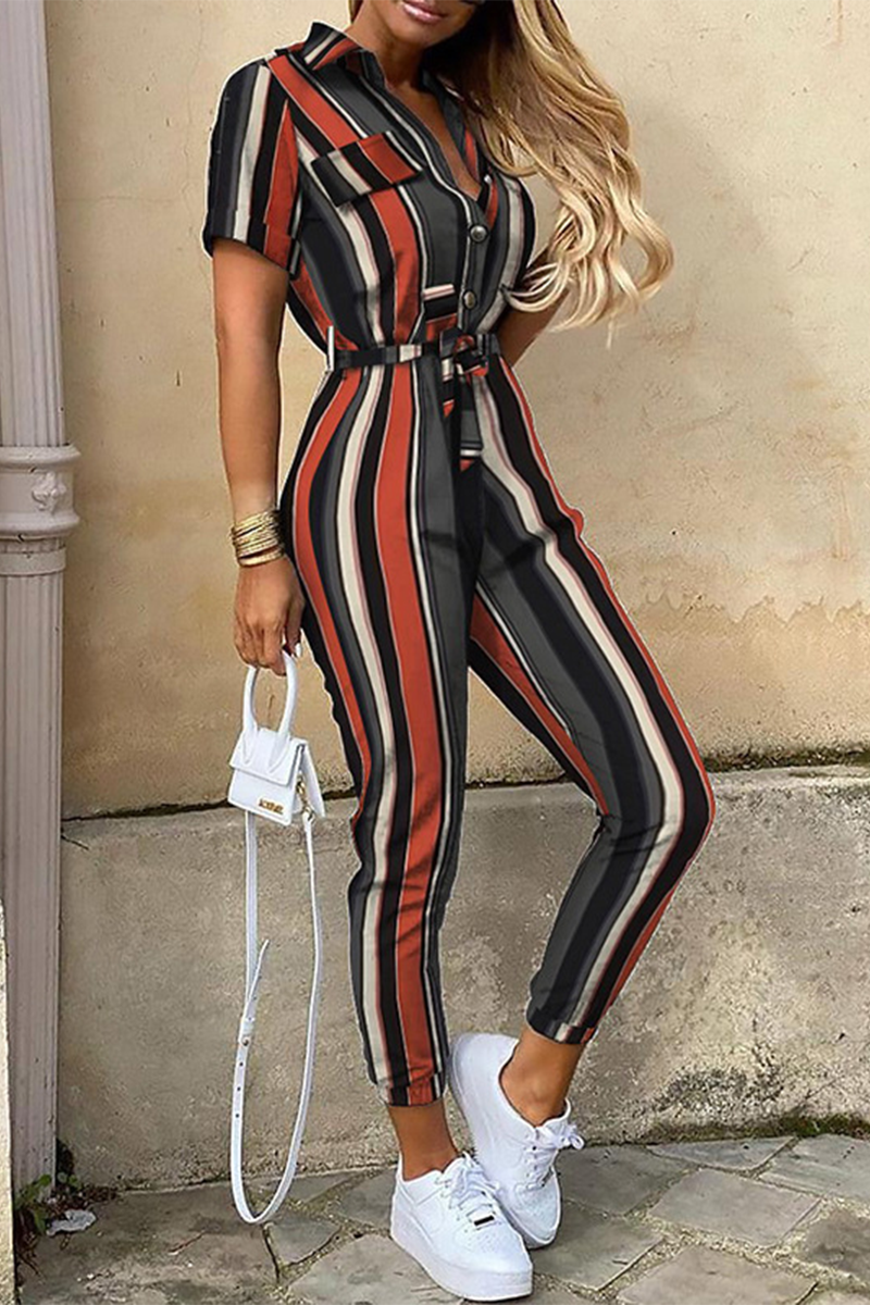 Kaynafashions - Casual Print Patchwork Turndown Collar Regular Jumpsuits