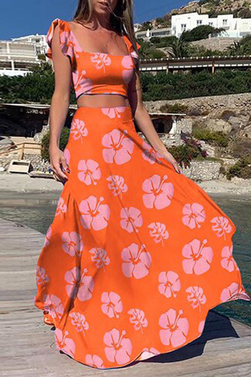 Kaynafashions - Bohemian Vacation Print Patchwork Square Collar Sleeveless Two Pieces(9 Colors)