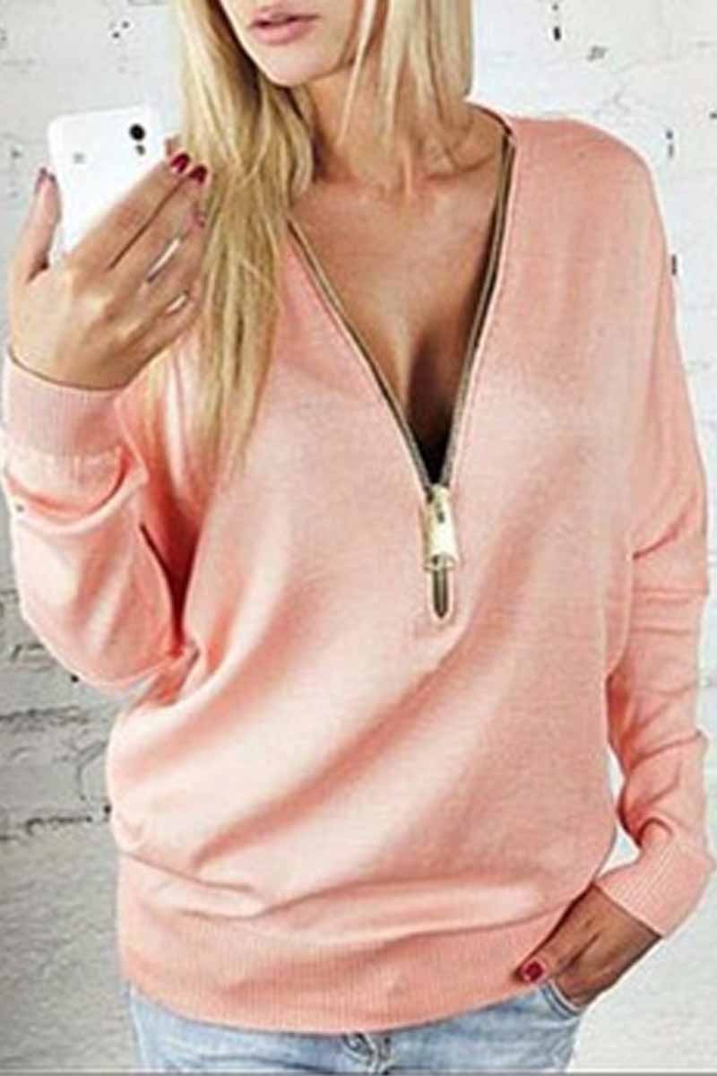 Kaynafashions - Casual Solid Zipper V Neck Tops