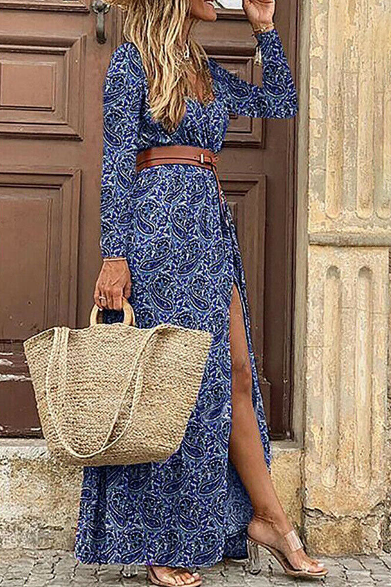 Kaynafashions - Fashion Bohemian Print With Belt V Neck Cake Skirt Dresses(3 Colors)