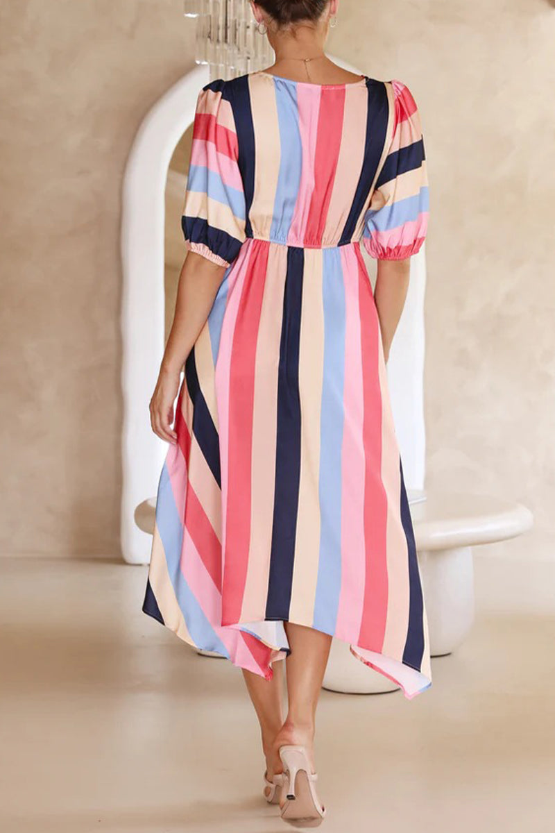 Kaynafashions - Casual Striped Print Asymmetrical V Neck A Line Dresses