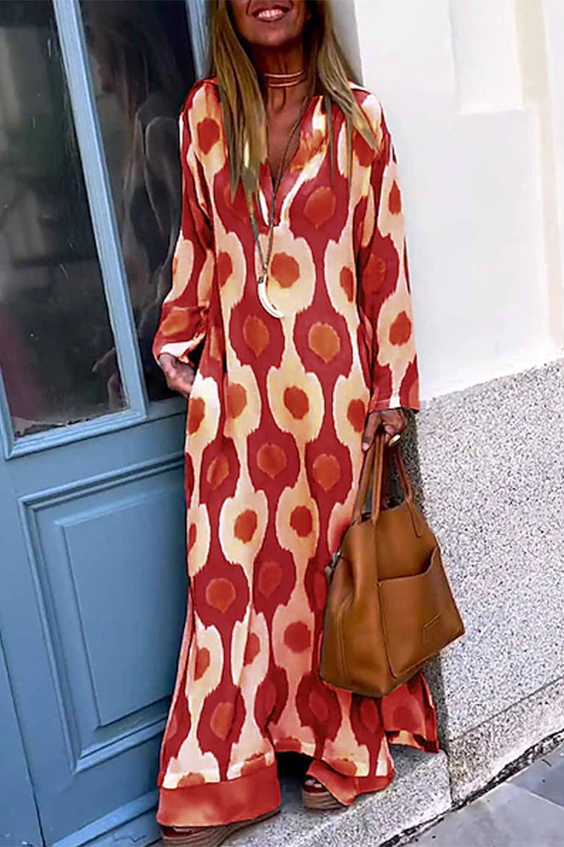 Kaynafashions - Casual Geometric Print Patchwork V Neck Printed Dress Dresses