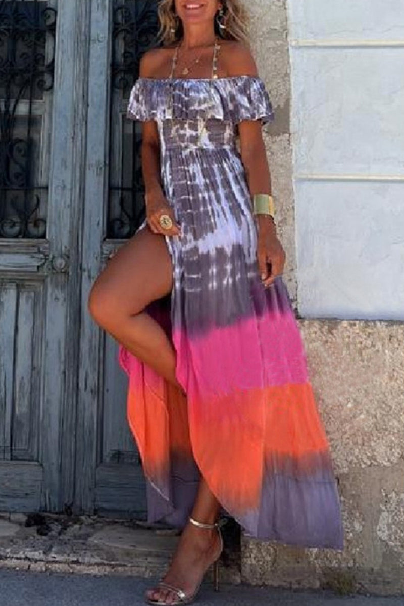 Kaynafashions - Street College Tie Dye Printing Off the Shoulder Printed Dress Dresses