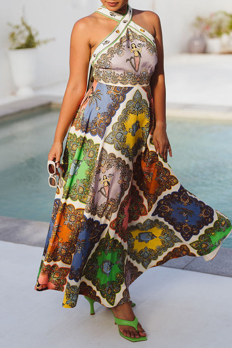 Kaynafashions - Sweet Cute Geometric Printing Halter Sleeveless Dress Dresses