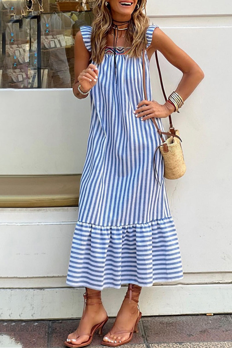 Kaynafashions - Street Striped Frenulum Square Collar Sling Dress Dresses