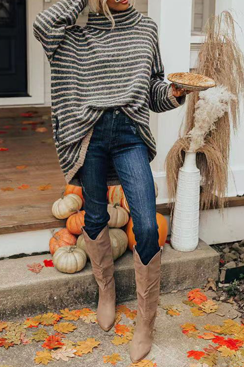 Kaynafashions - Casual Striped Patchwork Turtleneck Sweaters(4 Colors)