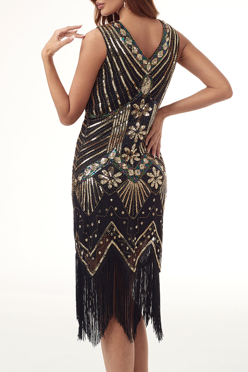 Kaynafashions - Sexy Casual Formal Patchwork Tassel Sequins Zipper V Neck Evening Dress Dresses