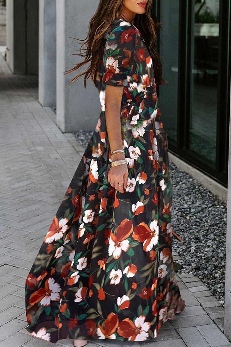 Kaynafashions - Elegant Floral Patchwork V Neck A Line Dresses(4 Colors)