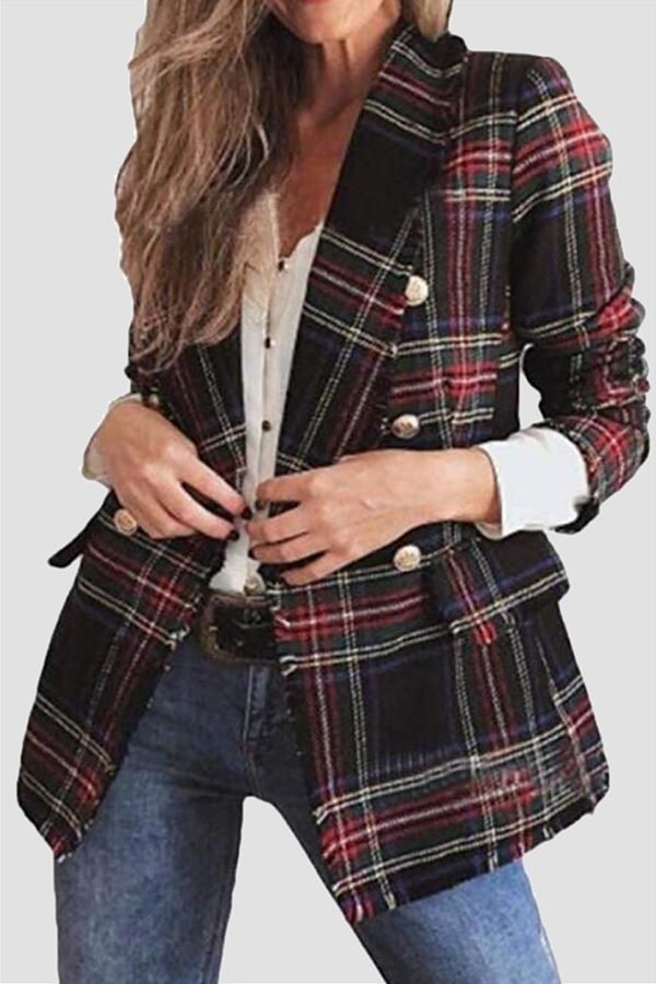 Kaynafashions - Casual Plaid Patchwork Buckle Turndown Collar Outerwear(4 colors)