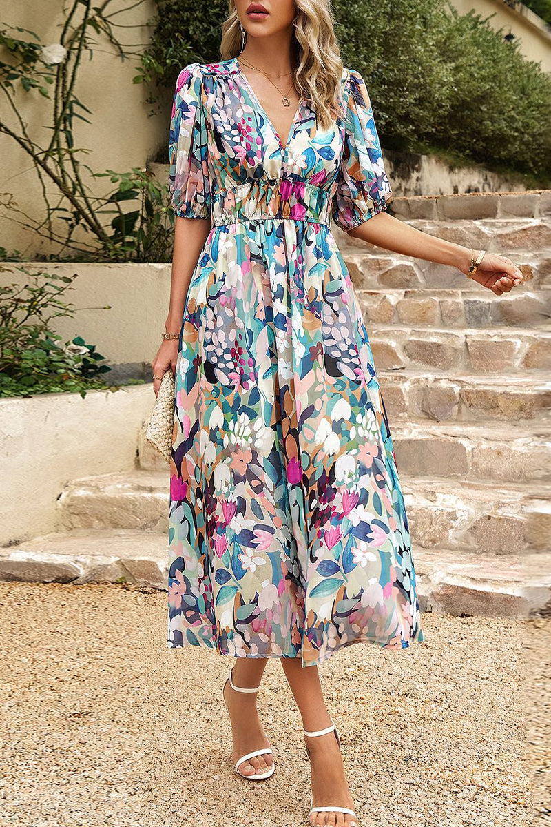 Kaynafashions - Elegant Print Patchwork V Neck A Line Dresses