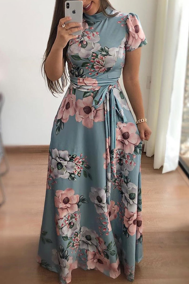 Kaynafashions - Celebrities Elegant Print Asymmetrical Mandarin Collar A Line Dresses