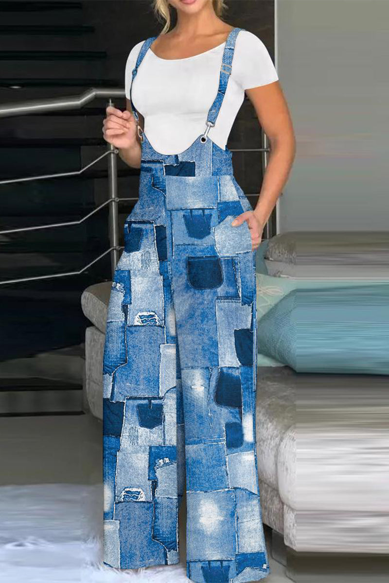Kaynafashions - Casual Geometric Print Patchwork Loose Jumpsuits