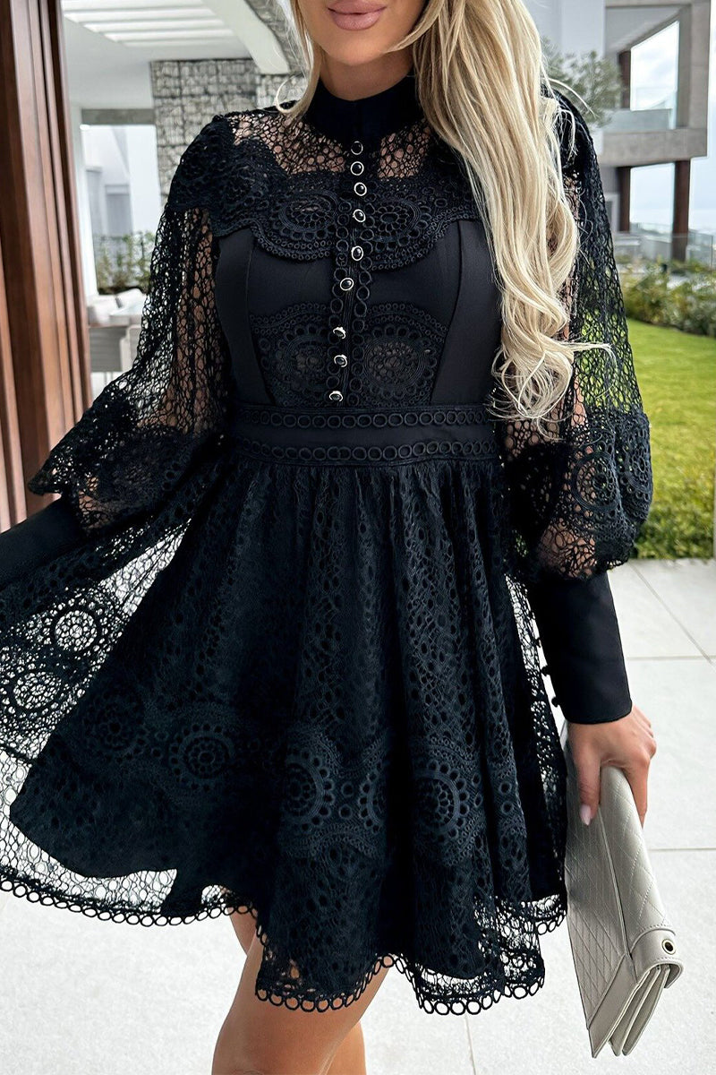 Kaynafashions - Sweet Elegant Solid Hollowed Out Half A Turtleneck A Line Dresses