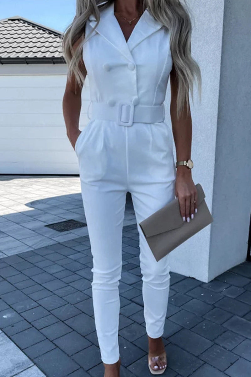 Kaynafashions - Work Street Solid Patchwork Turndown Collar Regular Jumpsuits