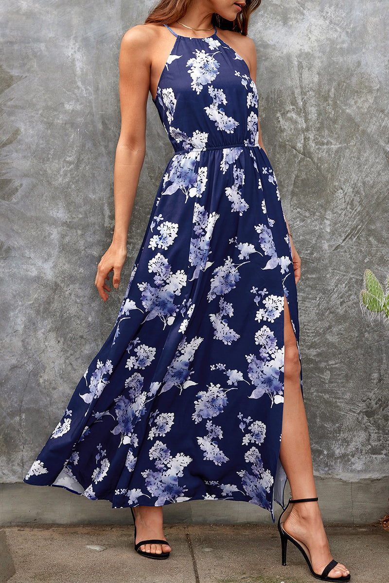 Kaynafashions - Bohemian Elegant Print Floral Frenulum Halter A Line Dresses(3 Colors)