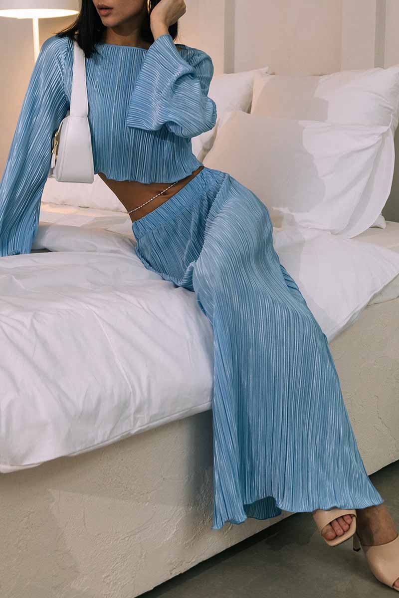 Kaynafashions - Casual Solid Stringy Selvedge O Neck Long Sleeve Two Pieces