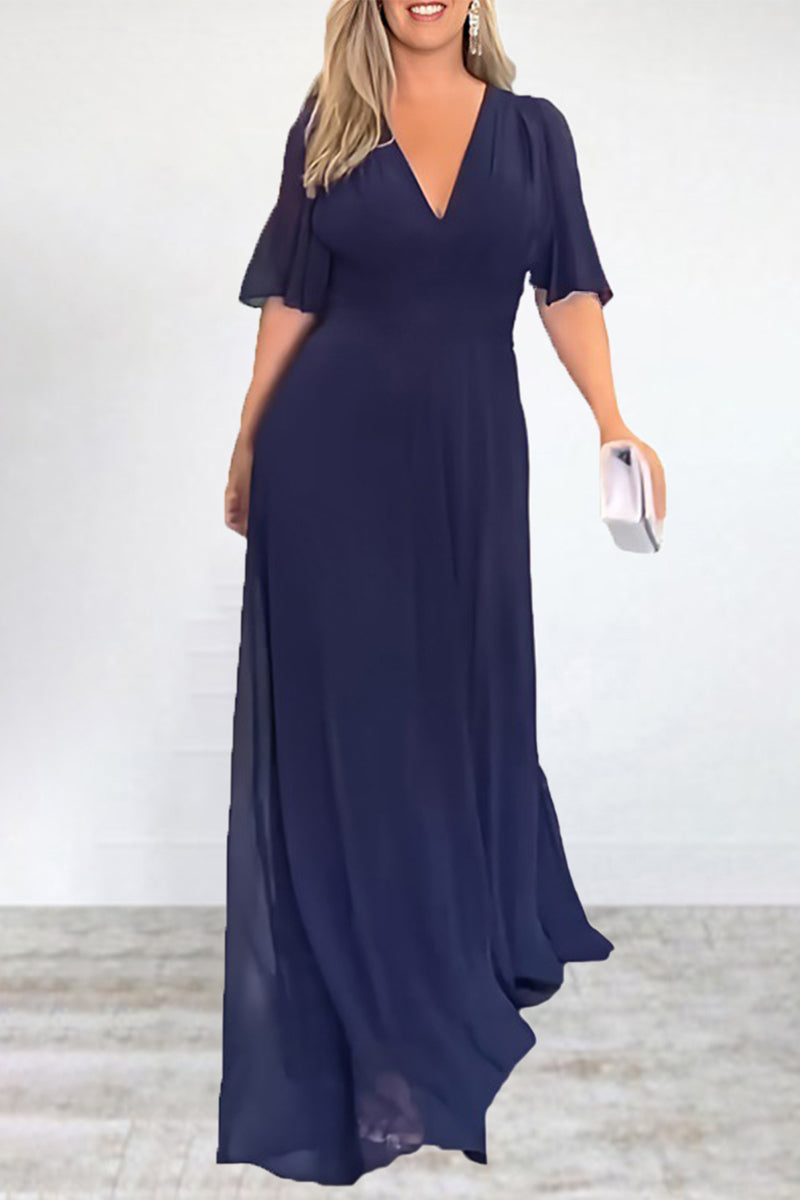 Kaynafashions - Elegant Solid Slit V Neck A Line Dresses