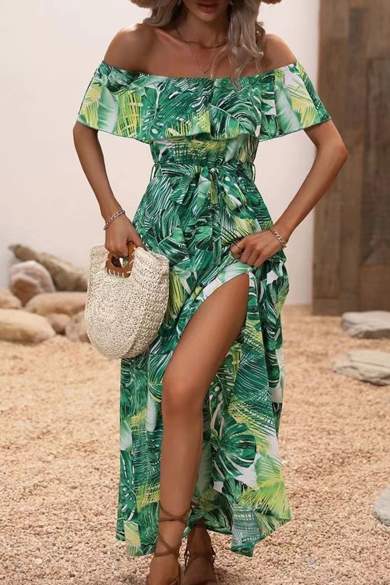 Kaynafashions - Sexy Vacation Floral Frenulum Slit Off the Shoulder Printed Dress Dresses