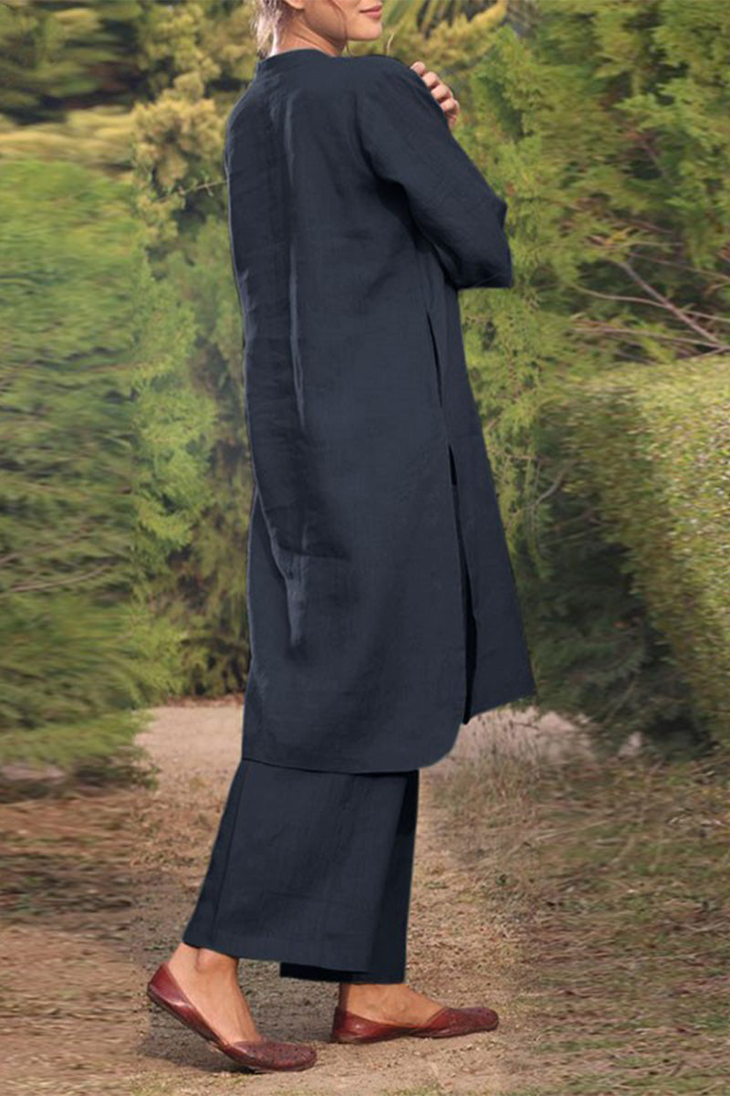 Kaynafashions - Casual Solid Pocket O Neck Long Sleeve Two Pieces