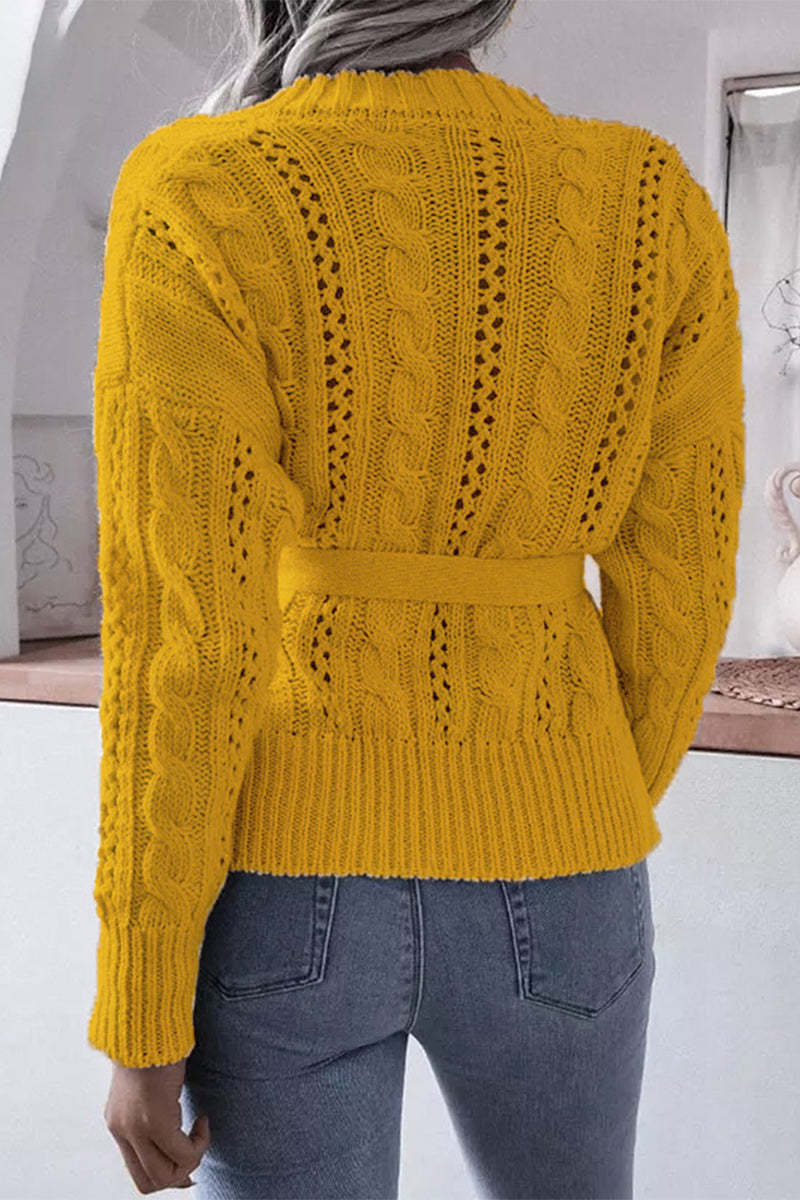 Kaynafashions - Casual Solid Hollowed Out Buckle With Belt Cardigan Collar Tops