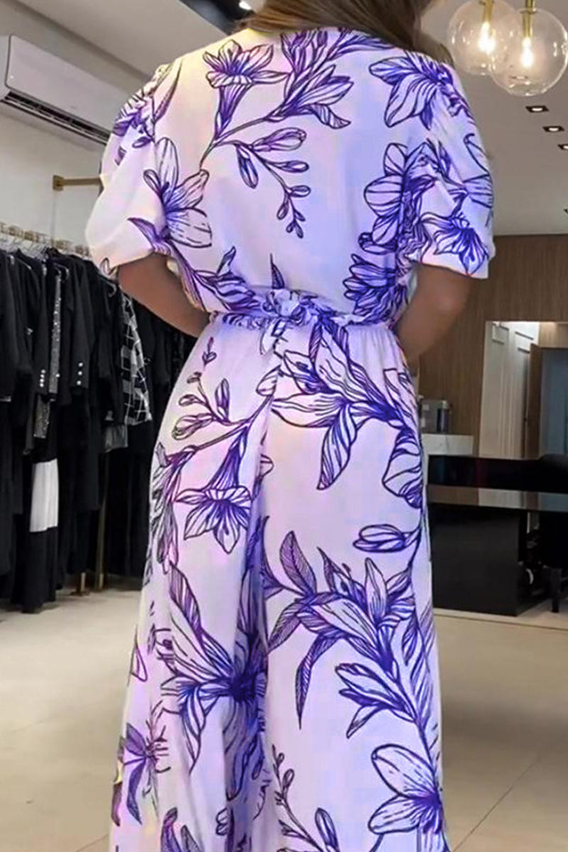 Kaynafashions - Elegant Floral Frenulum V Neck A Line Dresses