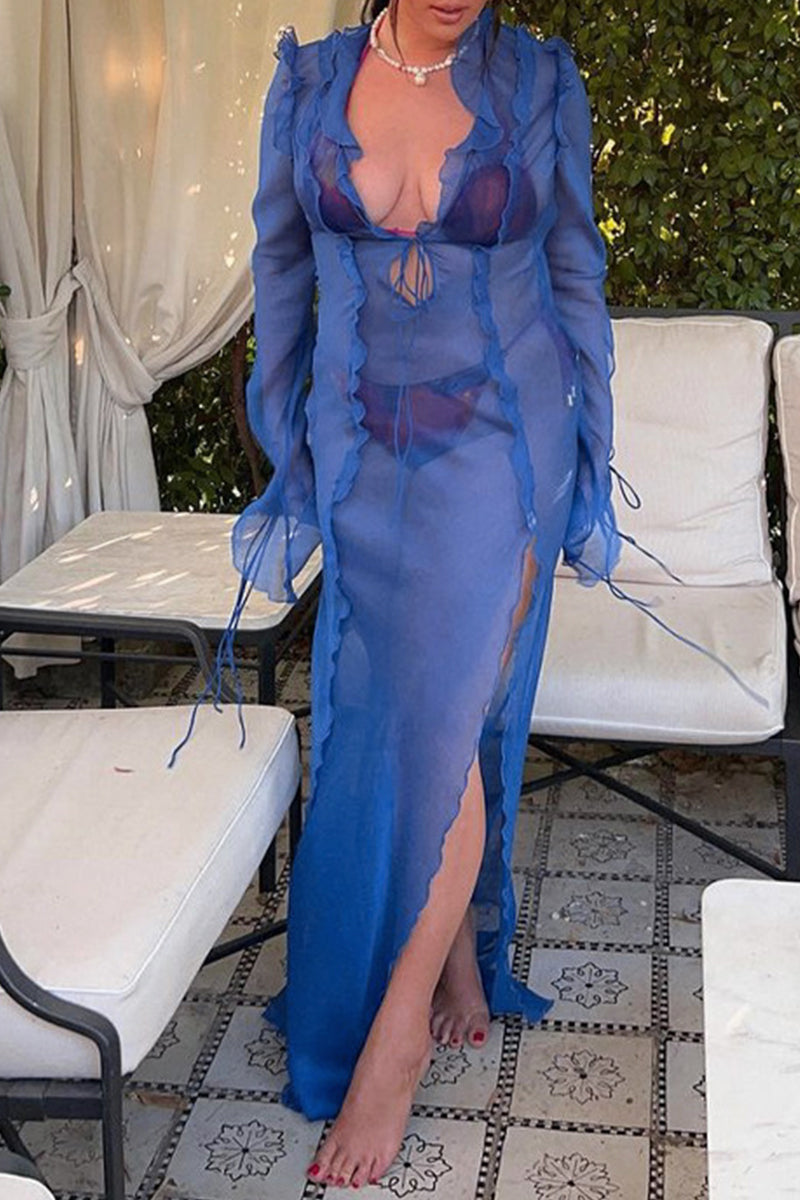 Kaynafashions - Sexy Solid Frenulum See-through V Neck A Line Dresses