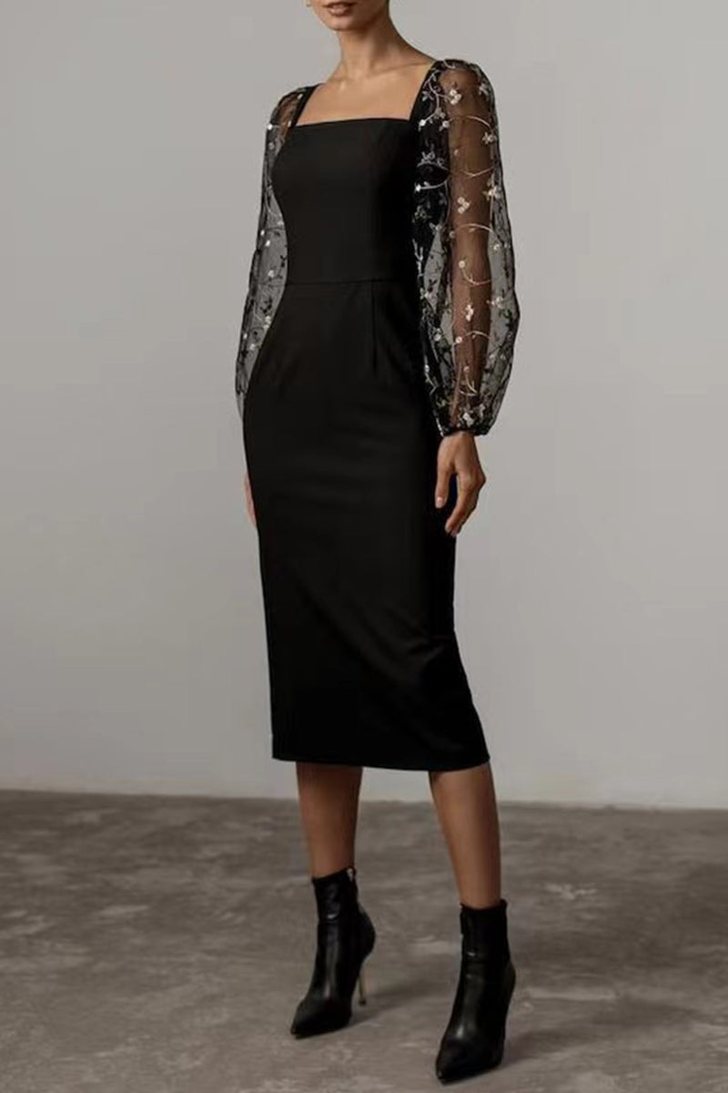 Kaynafashions - Elegant Solid Embroidered Square Collar Wrapped Skirt Dresses