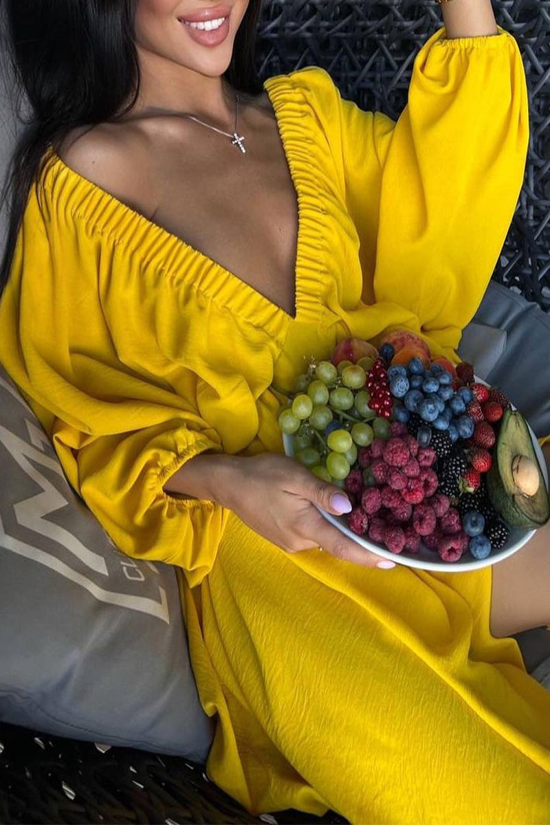 Kaynafashions - Sexy Simplicity Solid Flounce Fold V Neck Long Sleeve Dresses