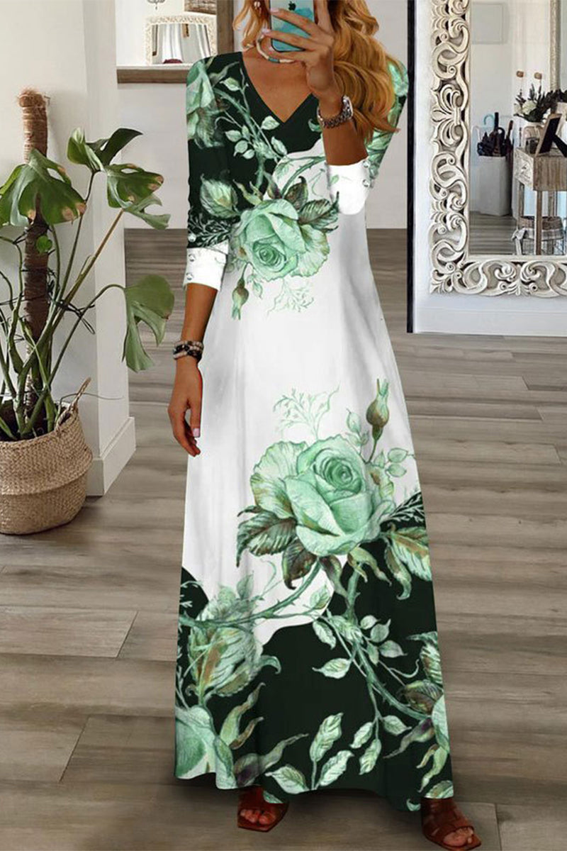 Kaynafashions - Elegant Floral Buttons V Neck A Line Dresses