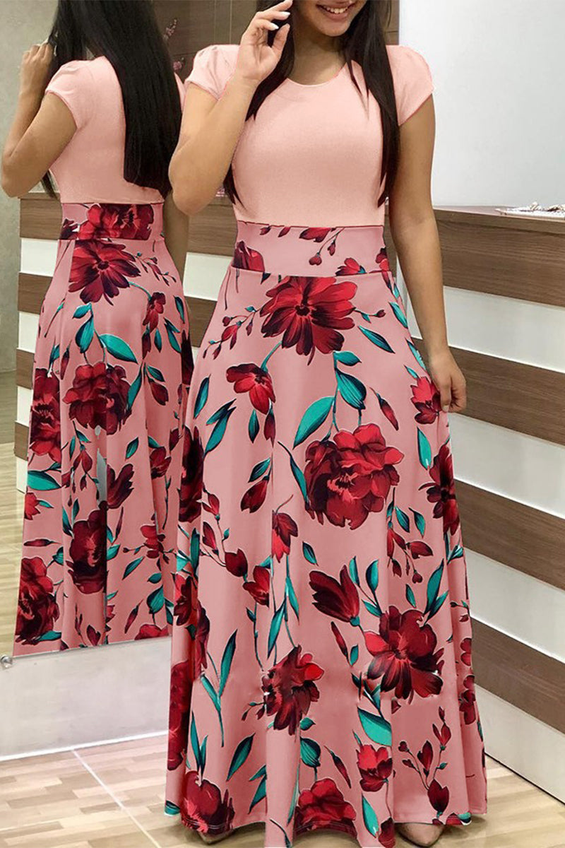 Kaynafashions - Casual Bohemian Print Solid Patchwork O Neck Short Sleeve Dress Dresses(12 Colors)
