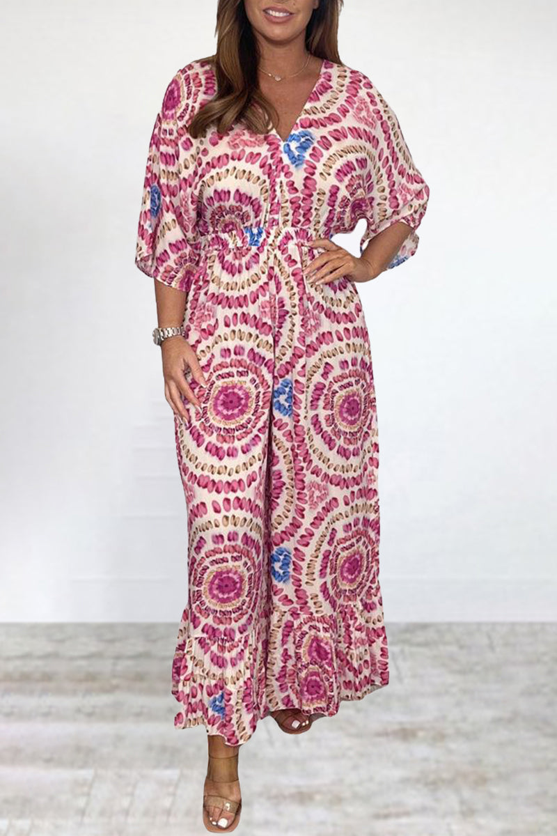 Kaynafashions - Bohemian College Print Backless V Neck Loose Jumpsuits