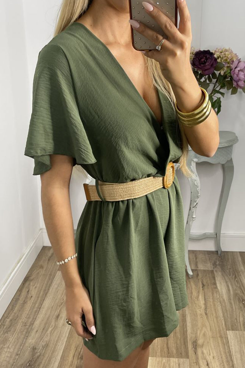 Kaynafashions - Casual Solid With Belt V Neck Loose Jumpsuits
