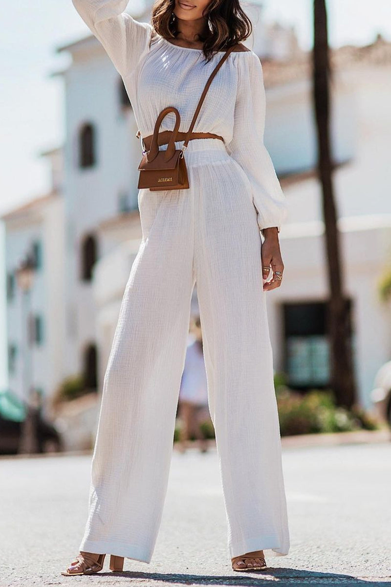 Kaynafashions - Casual Simplicity Solid Fold Off the Shoulder Long Sleeve Two Pieces