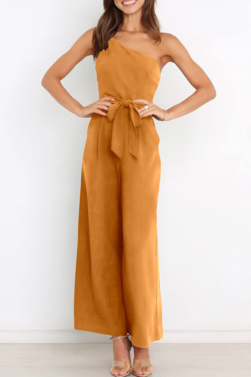 Kaynafashions - Casual Simplicity Solid Bandage Oblique Collar Straight Jumpsuits(6 Colors)