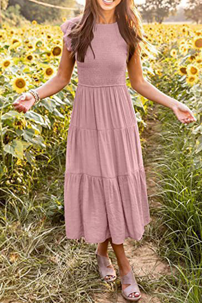 Kaynafashions - Fashion Solid Flounce O Neck Cake Skirt Dresses(9 colors)