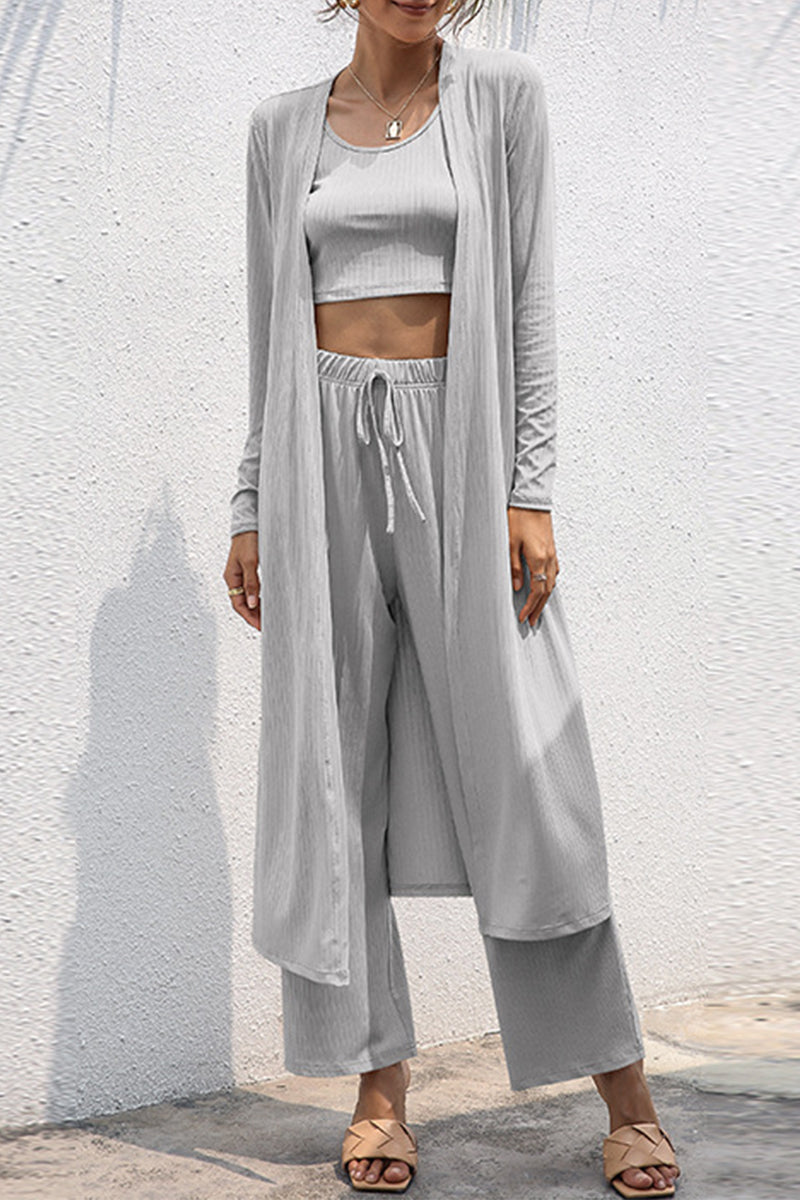 Kaynafashions - Casual Daily Solid Frenulum Cardigan Collar Long Sleeve Two Pieces