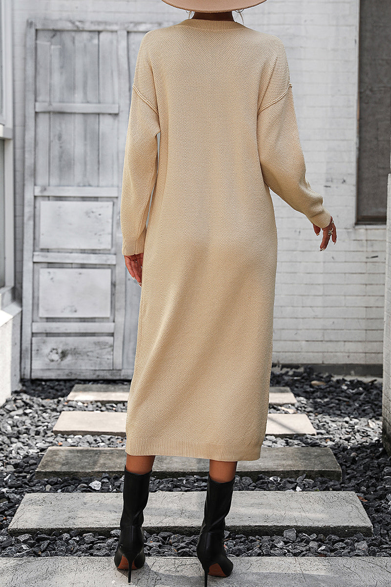 Kaynafashions - Elegant Solid Buckle O Neck Long Sleeve Dresses