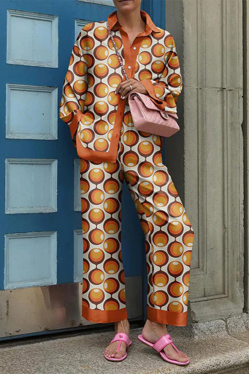 Kaynafashions - Casual Street Print Patchwork Turndown Collar Long Sleeve Two Pieces