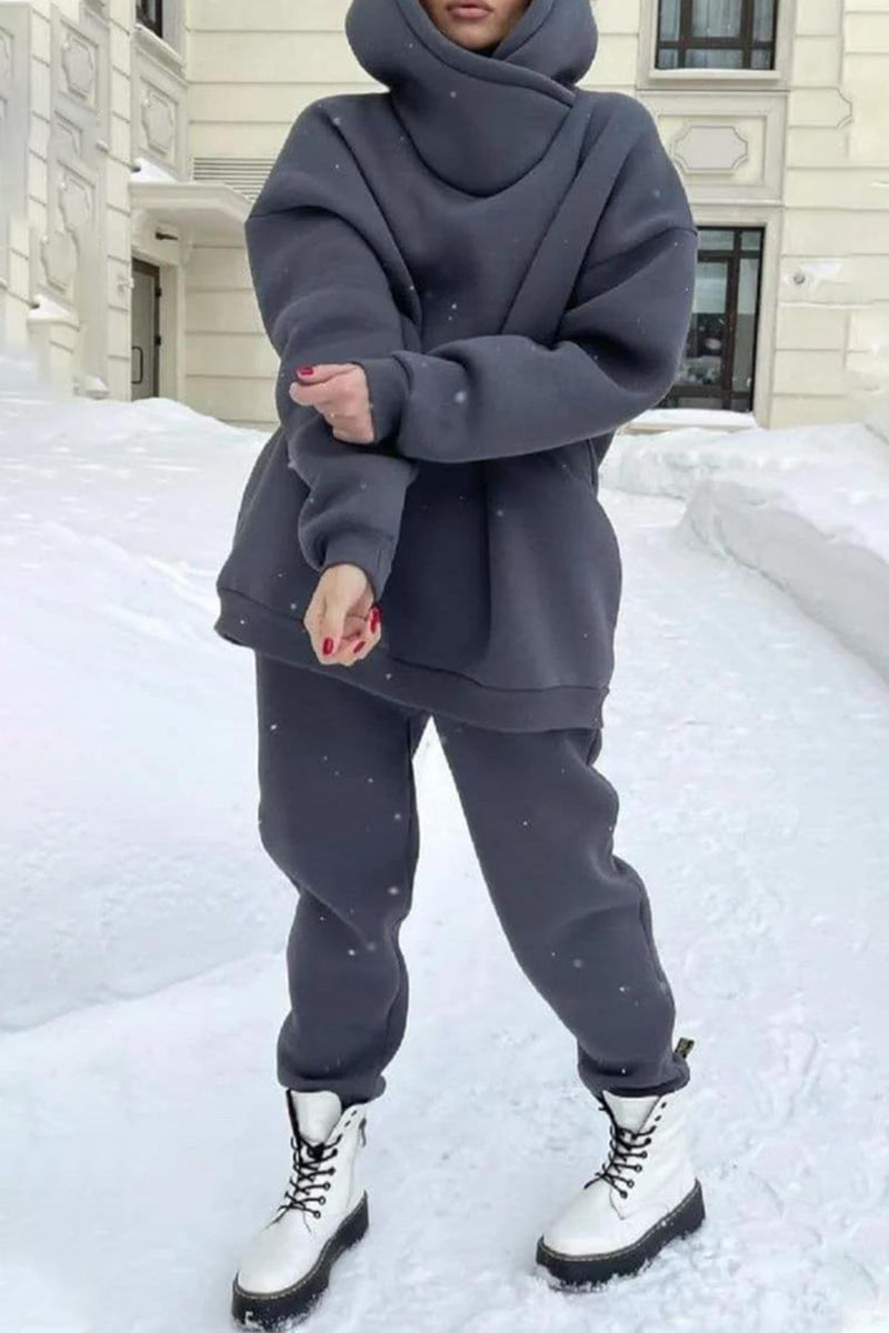 Kaynafashions - Casual Solid Pocket Hooded Collar Long Sleeve Two Pieces