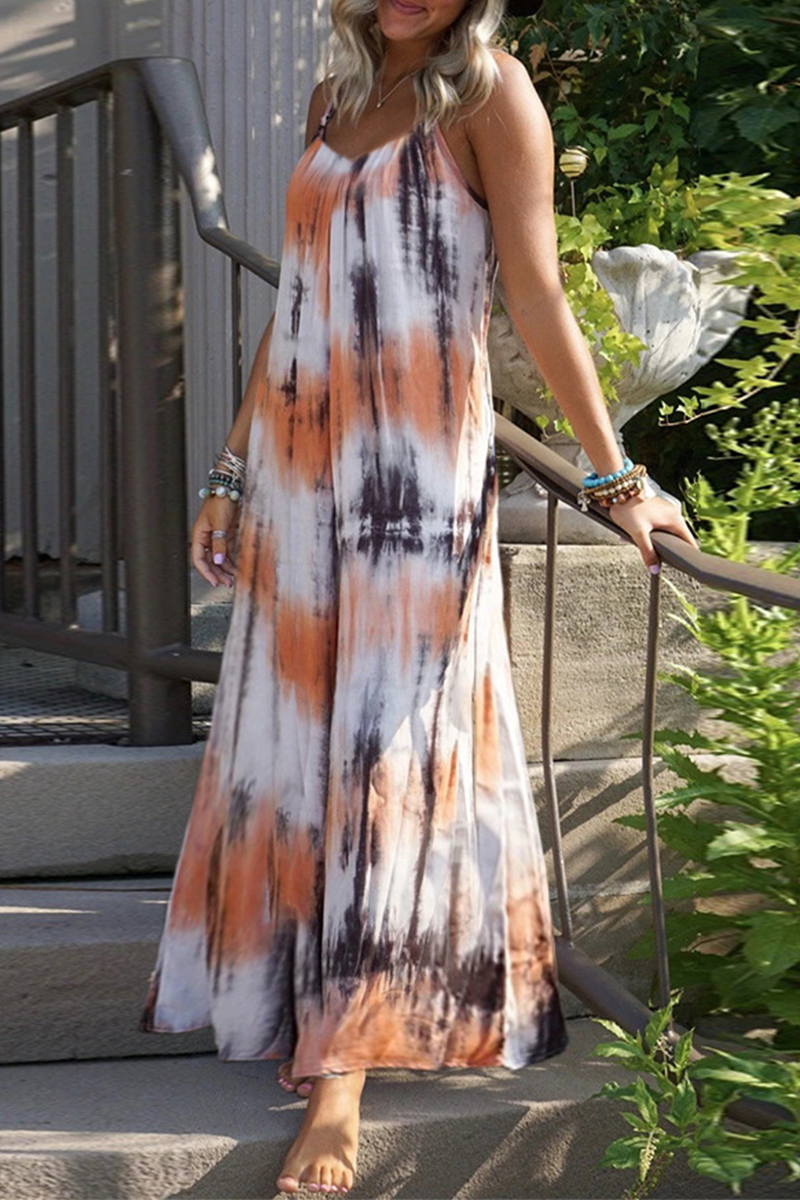 Kaynafashions - Casual Patchwork Tie-dye Spaghetti Strap Straight Dresses(7 colors)