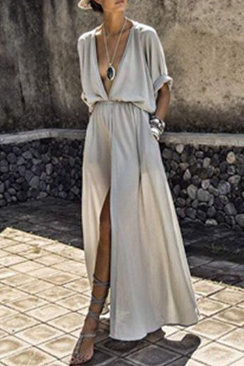Kaynafashions - Sexy Elegant Solid Slit V Neck A Line Dresses(3 Colors)