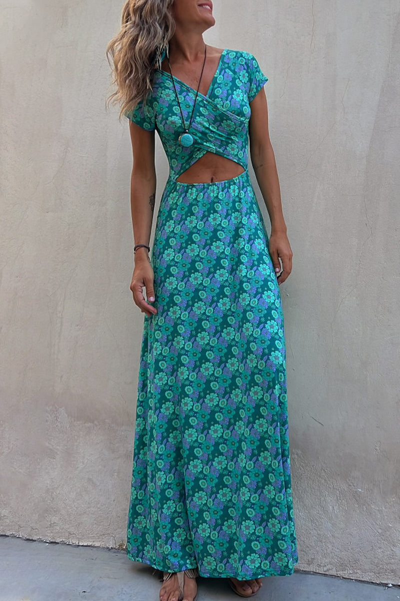 Kaynafashions - Casual Elegant Print Patchwork V Neck A Line Short Sleeve Dress