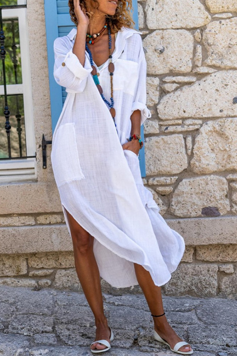 Kaynafashions - Casual Solid Patchwork Turndown Collar Straight Dresses(4 Colors)